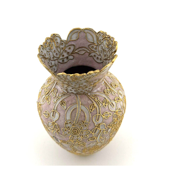 LOVELY - VTG Cloisonne Enamel Pink & Gold Flowers Vase 5 1/4in tall Twisted Wire - Picture 6 of 10